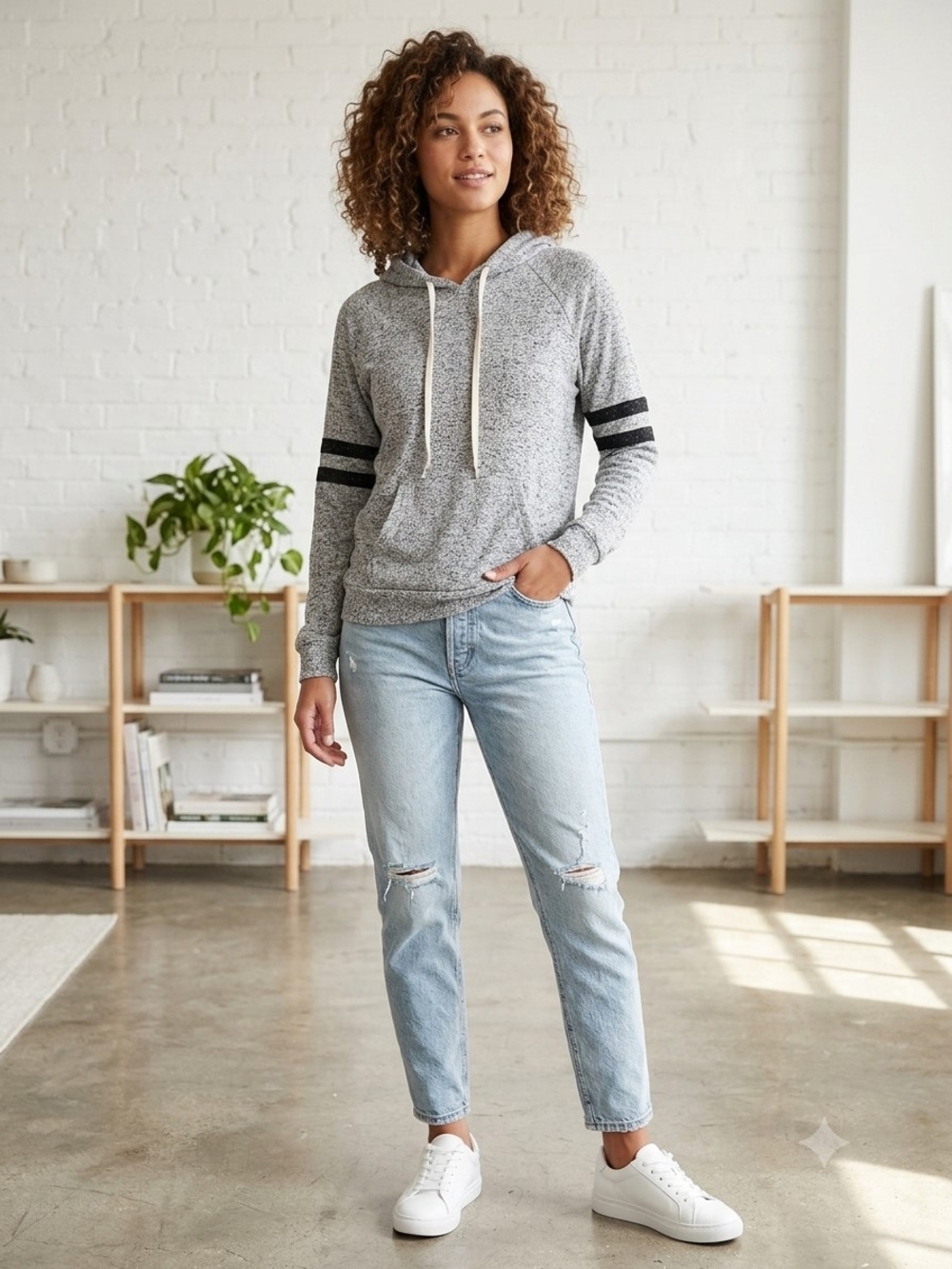 Ambiance Cozy Heather Gray Hooded Sweatshirt w/Black Sleeve Stripes. HJ 23